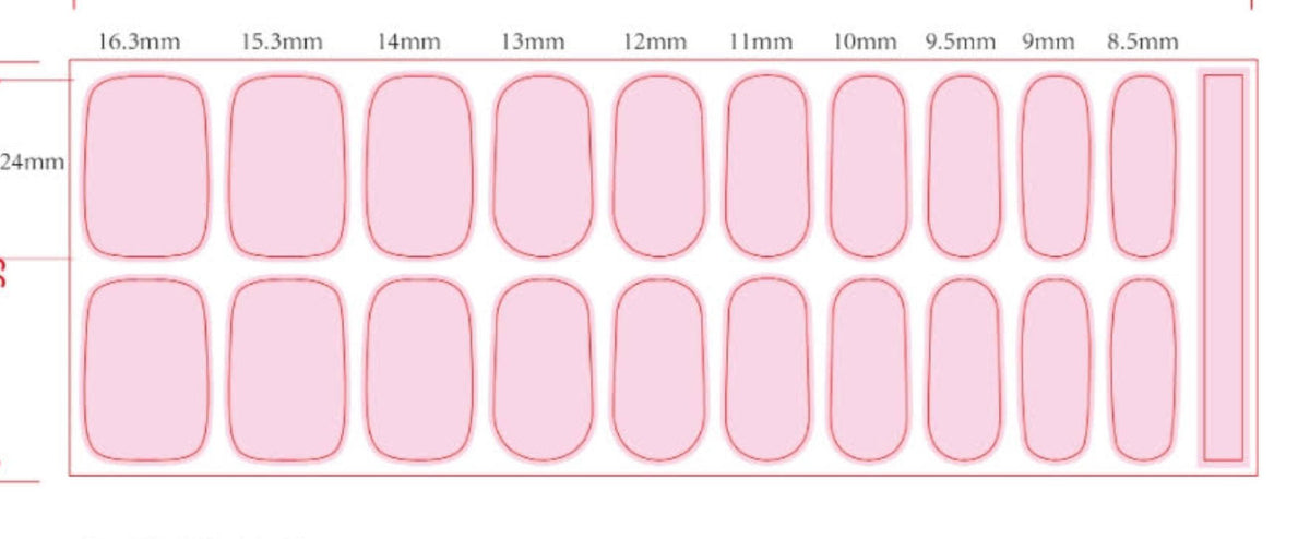 The diagram shows 20 semi-cured gel nail strips, laid out in two rows of ten. The strips are 24mm in length each with a range of widths, to fit different nail sizes. The widths are labeled in millimeters (mm) across the top of the diagram: 16.3mm, 15.3mm, 14mm, 13mm, 12mm, 11mm, 10mm, 9.5mm, 9mm, and 8.5mm.  This indicates a gradual decrease in width from left to right.