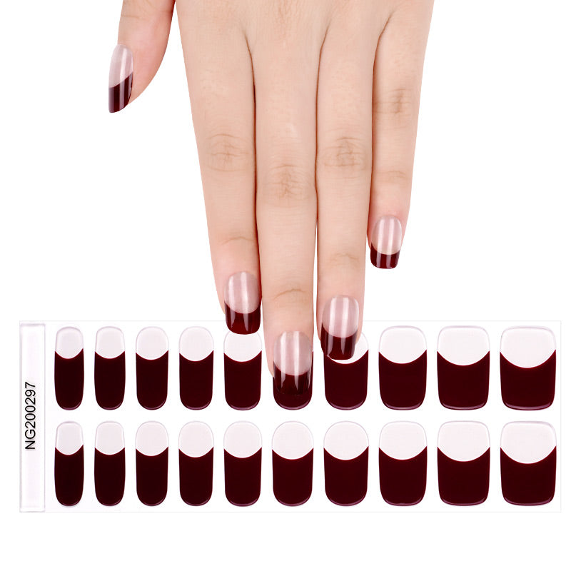 Nail art stickers with burgundy French tip design on a white background