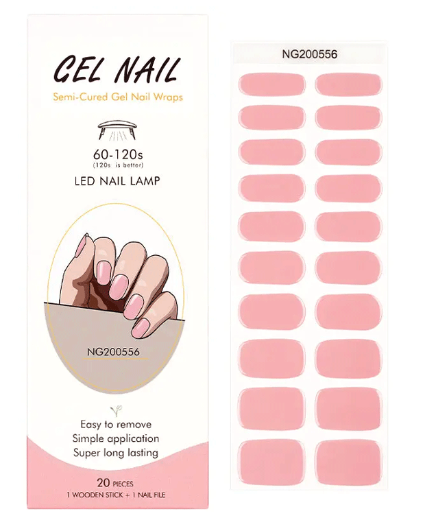 Packaging of pink gel nail wraps with text and a hand illustration on a white background.
