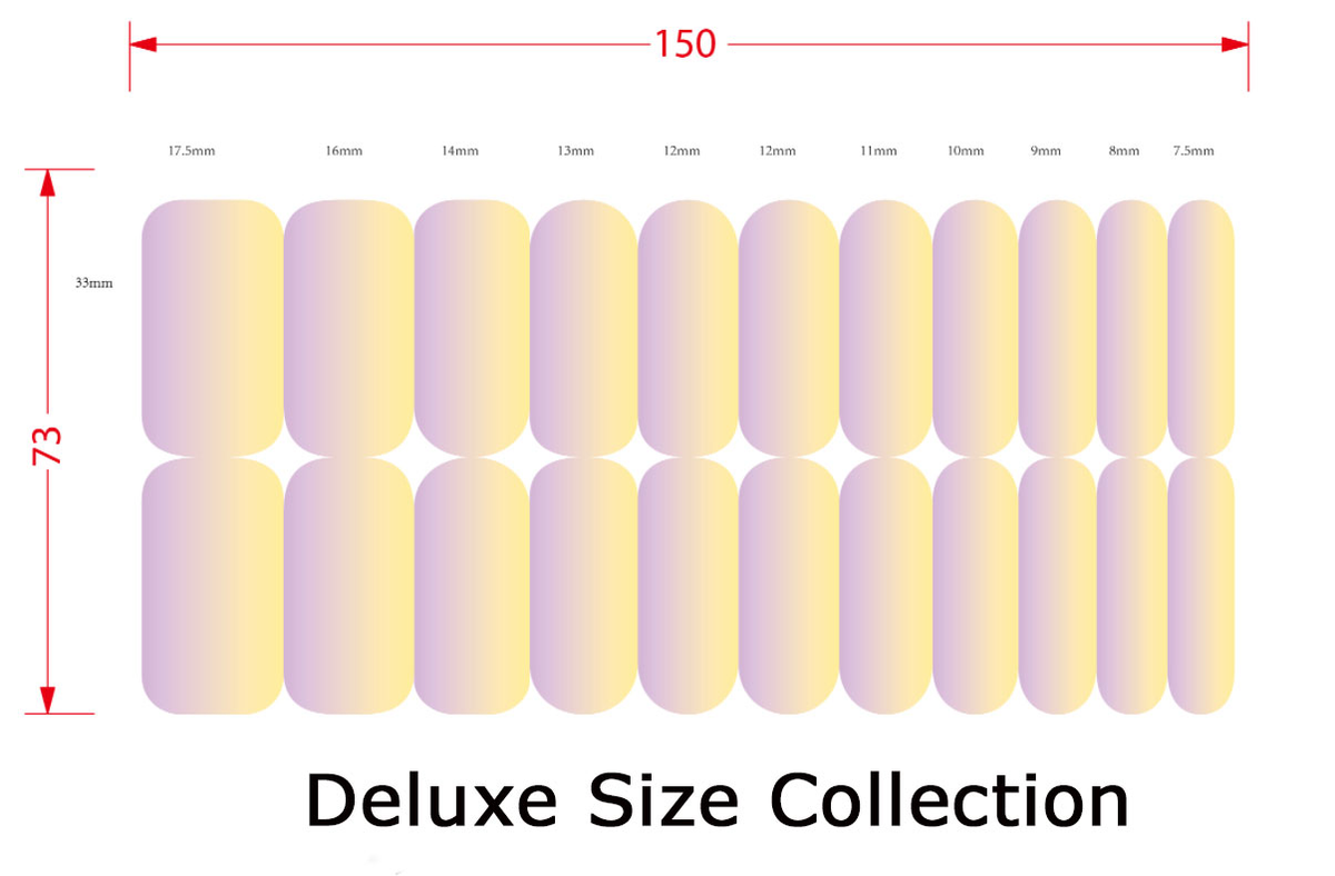 Collection of deluxe size nail stickers items with dimensions and gradient color on a white background
