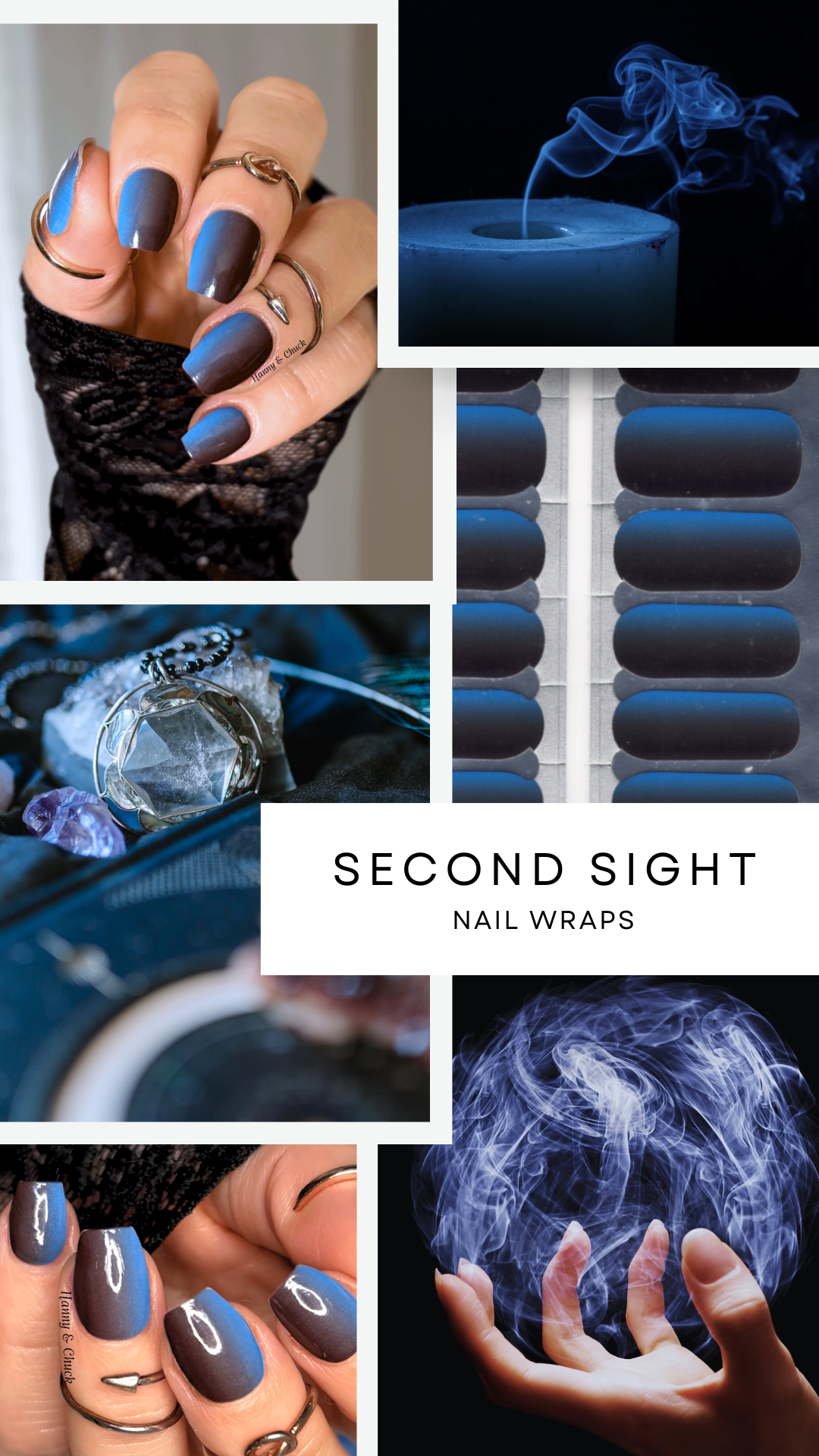 Collage of blue nail wraps with a focus on 'Second Sight' brand.