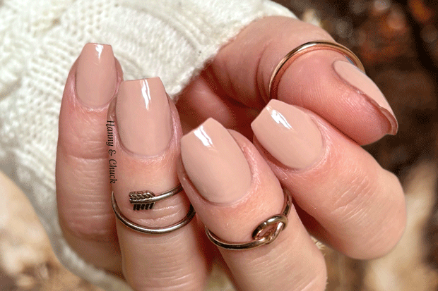 Close-up of a hand with nude nail polish and multiple rings on a blurred background