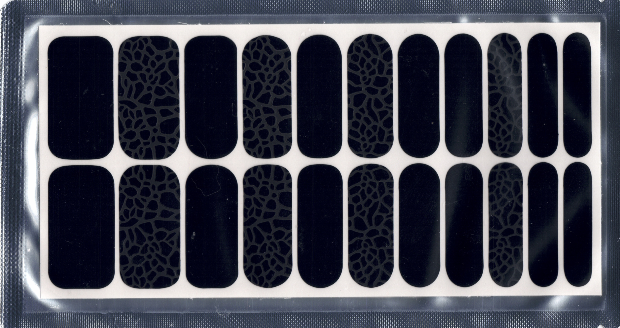 Sheet of 22 black and textured snake print nail wraps in a clear package