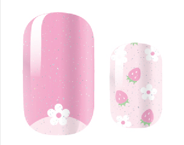 Two pink nail wraps with floral and strawberry designs on a white background