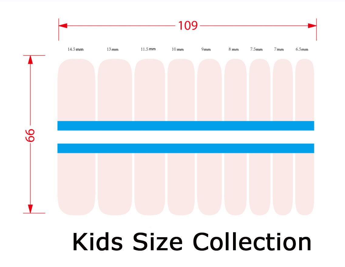 Measurement chart for 18 kids size nail wrap collection with dimensions labeled starting at 14.5mm wide to 6.5mm wide.