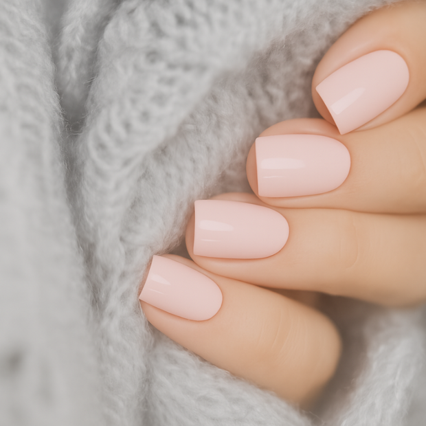 Close-up of a hand with light peachy pink nail polish wraps on a textured gray background