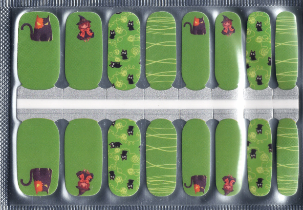 A package of 16 green nail wraps with halloween cats, witches and string details.