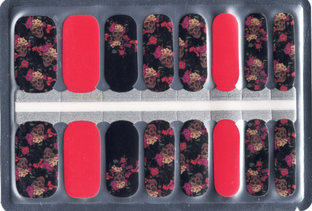 Set of 16 Halloween themed nail wraps with floral and skull design with red accents.