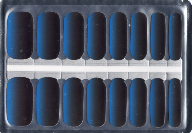 Pack of 16 blue to black ombre nail polish wraps in a clear plastic package