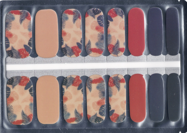 Set of 16 beige, blue and coral nail wraps with floral and solid designs.