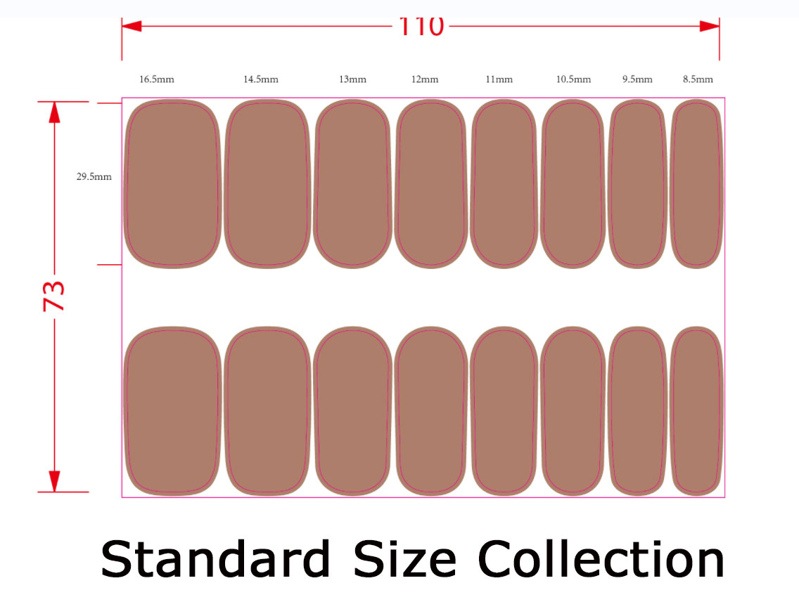 A flat lay image of a set of Hanny & Chuck nail strips in a mauve pink shade, laid out on a white background. The strips are arranged in two rows, showcasing a variety of sizes for different nails. Above and below the strips are measurements indicating the length and width in millimeters, with labels "16.5mm 14.5mm 13mm 12mm 11mm 10.5mm 9.5mm 8.5mm" along the top and "29.5mm" along the left side.  At the bottom of the image, the text "Standard Size Collection" is displayed.